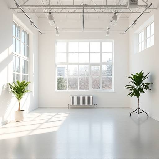 Wide shot of Studio E, a natural light studio with large windows.